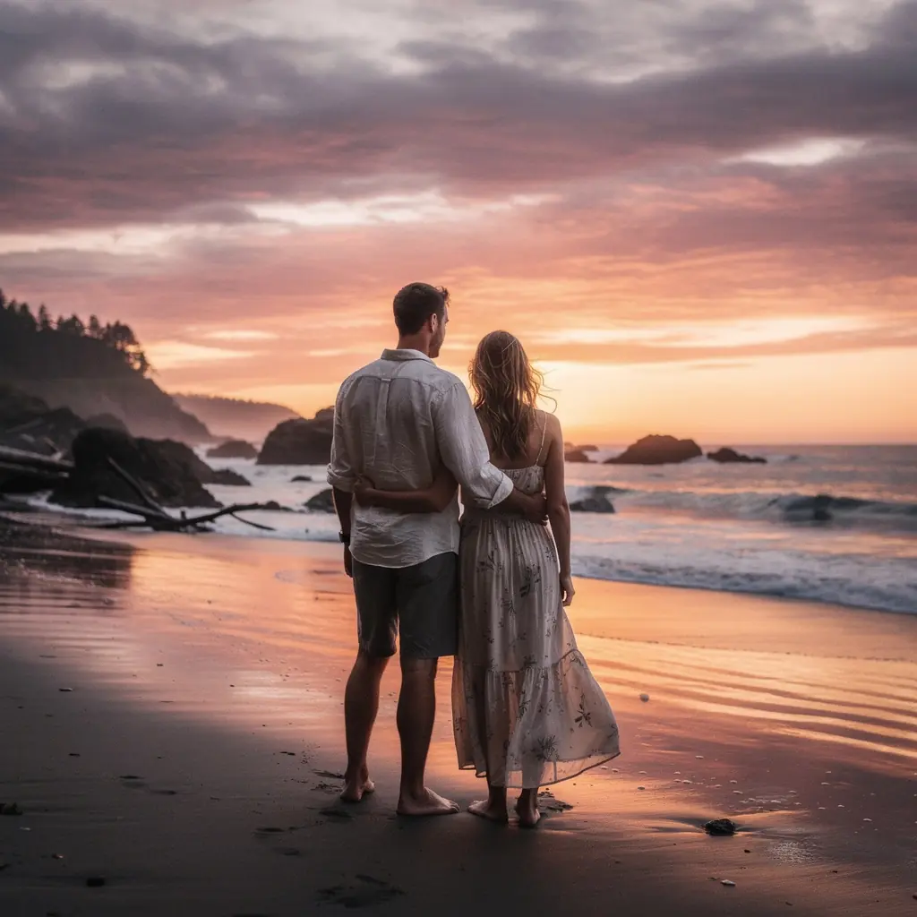 Завораживающий вид на городские огни, подсвеченные теплым светом заката.