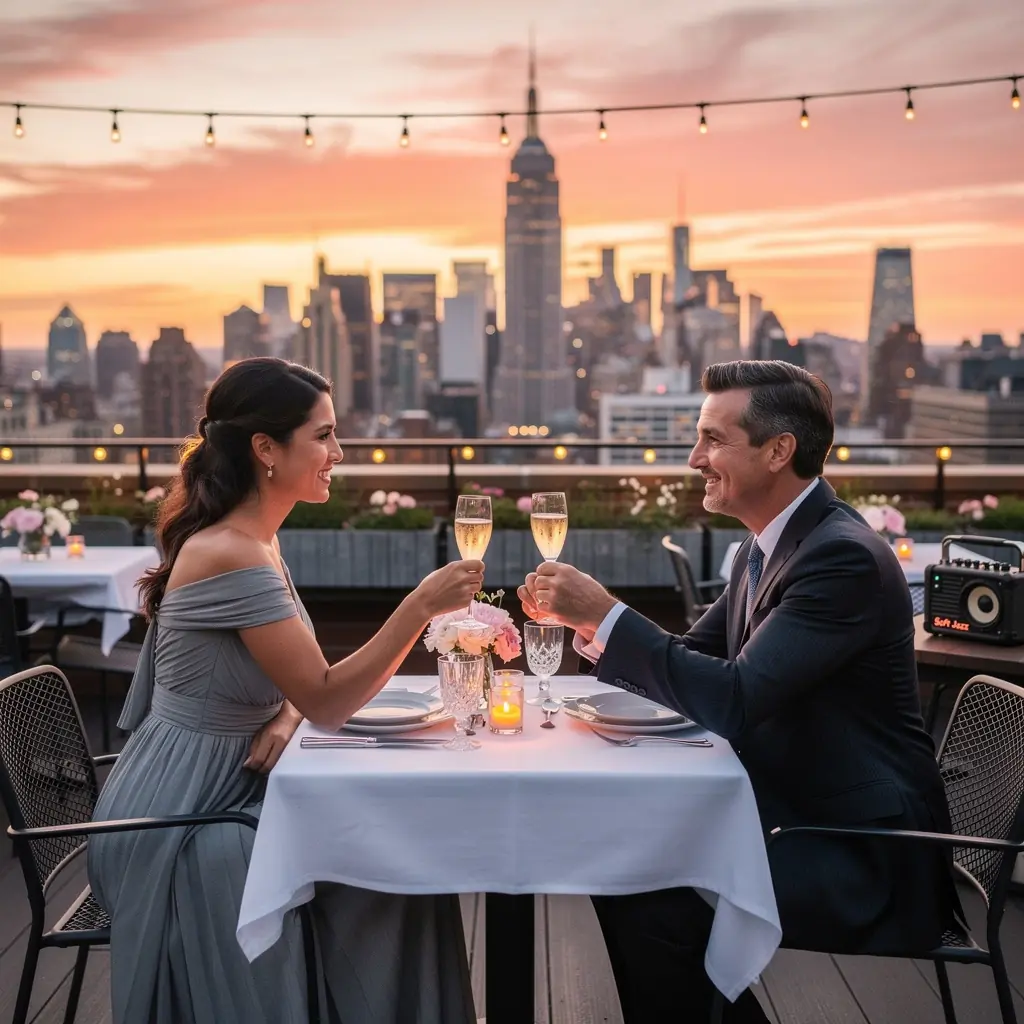 Романтическая пара, наблюдающая за закатом на пляже, окруженная пальмами.